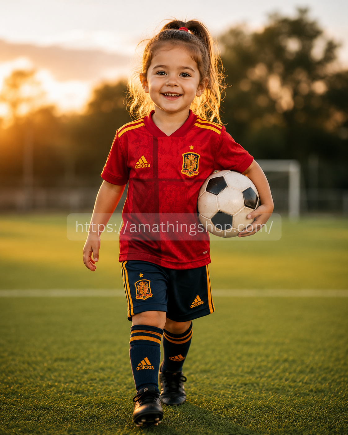 Niña de 4 años con equipación roja de España caminando con balón de fútbol en campo al atardecer estilo lifestyle premium