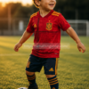 Niño de 3 años jugando al fútbol con equipación roja de España en campo de fútbol al atardecer estilo lifestyle premium