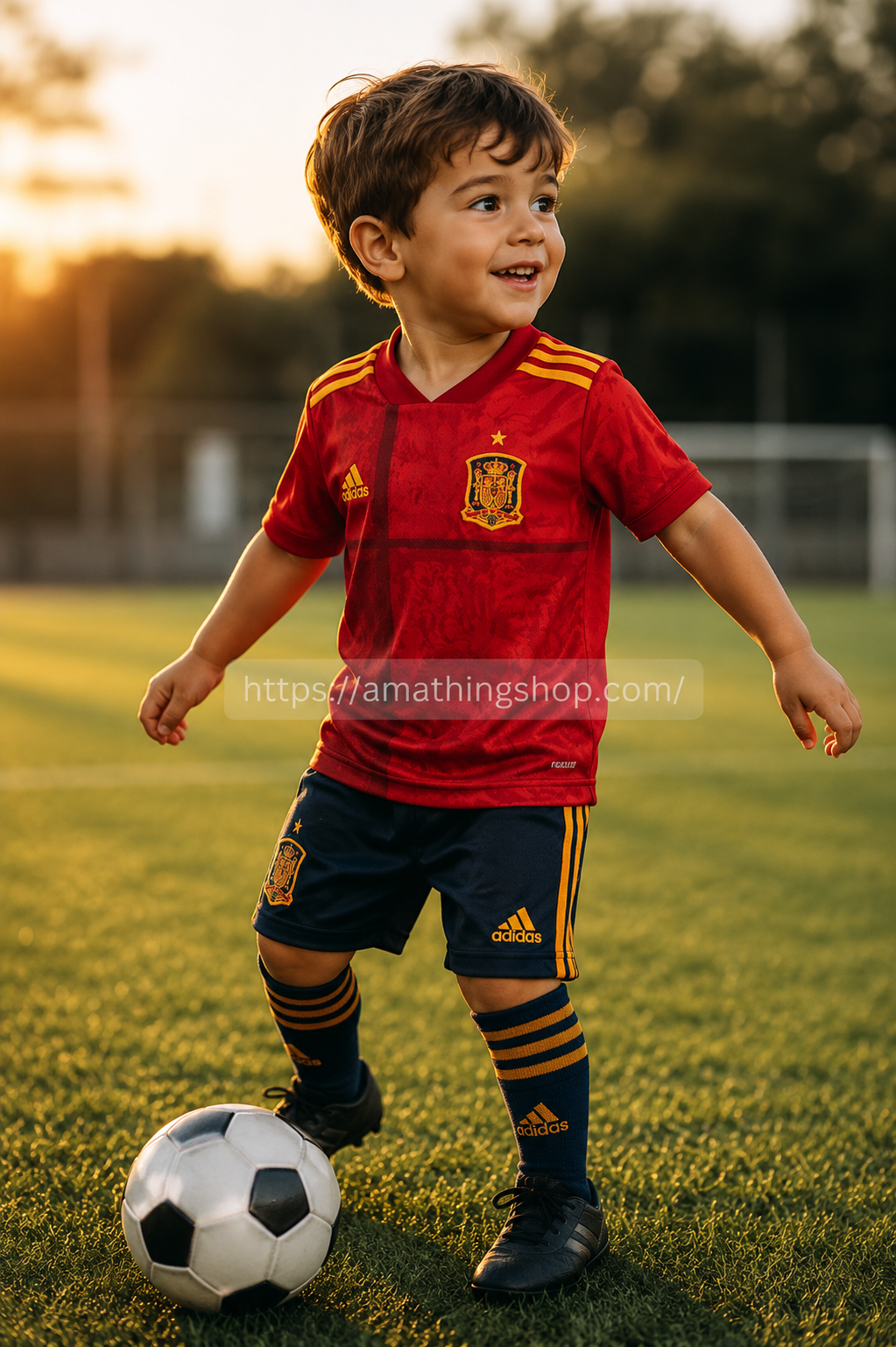 Niño de 3 años jugando al fútbol con equipación roja de España en campo de fútbol al atardecer estilo lifestyle premium
