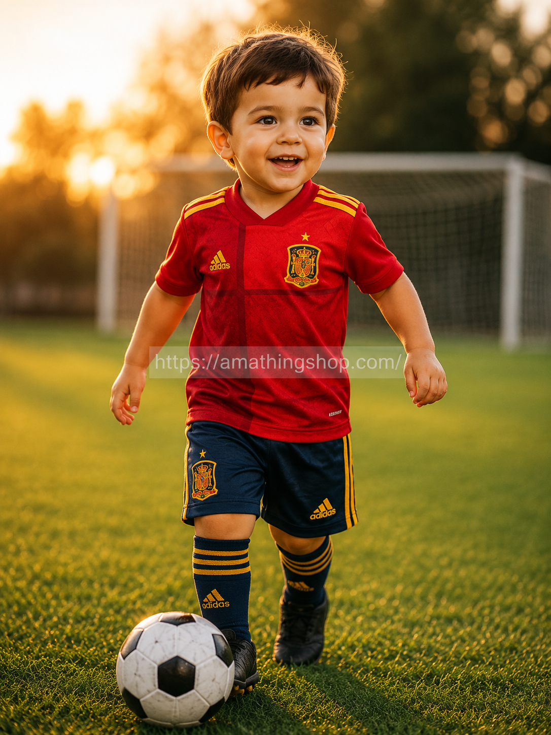 Niño pequeño corriendo con equipación roja de España y balón de fútbol en campo al atardecer estilo lifestyle premium