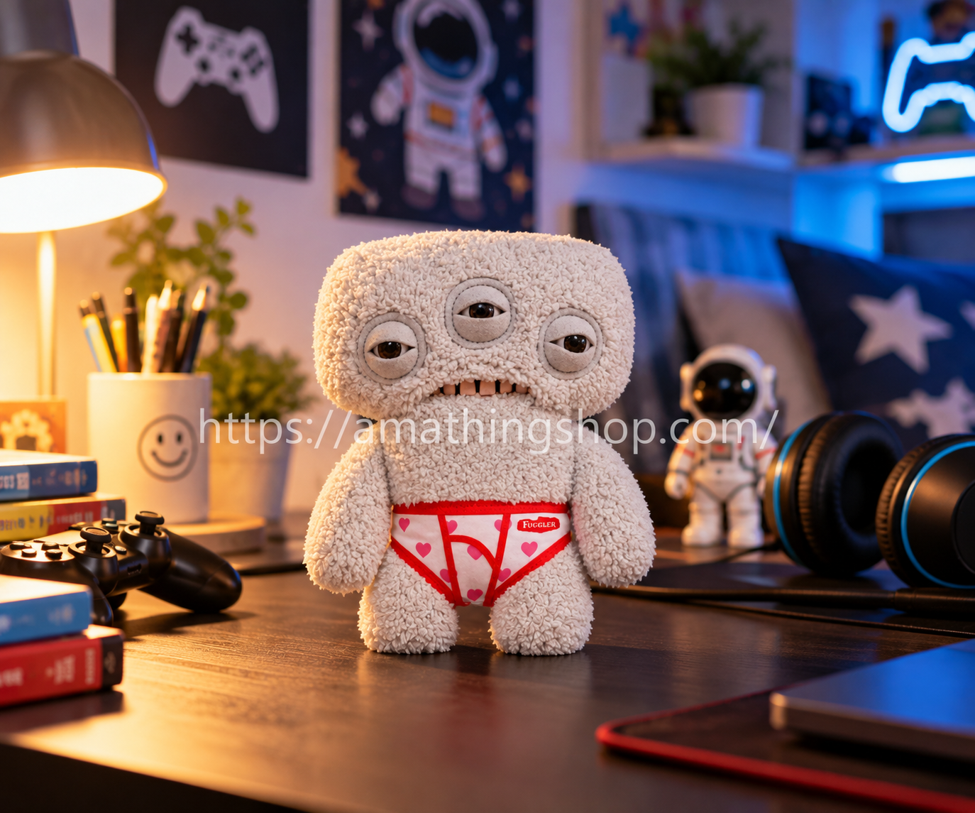 Fuggler Annoyed Alien gris de 3 ojos Budgie Edition en escritorio gaming