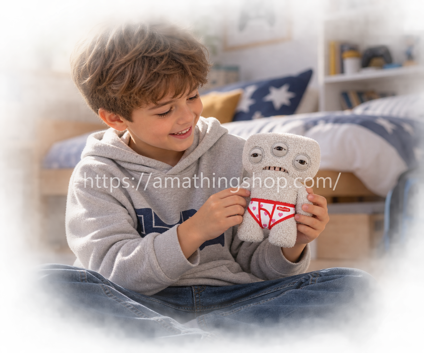 Niño jugando con Fuggler Annoyed Alien gris de 3 ojos Budgie Edition 22 cm