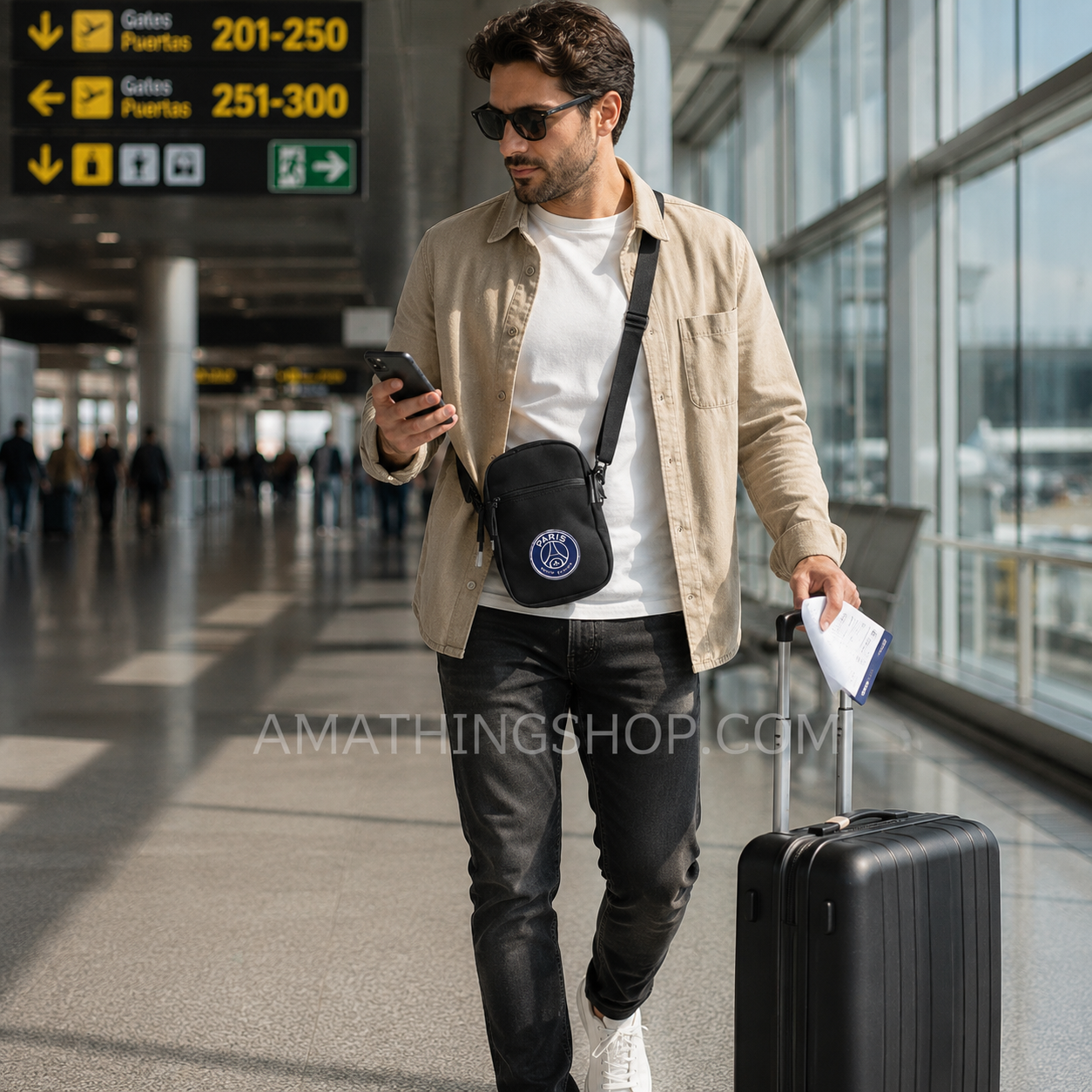 Hombre de 35 años usando bolso bandolera Jordan x Paris Saint-Germain negro en un aeropuerto, ideal para viajar, uso diario, festivales y estilo urbano