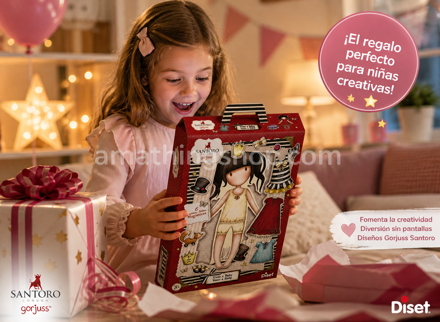 nina abriendo regalo juego vestir muneca gorjuss ruby creativo con ropa magnetica regalo infantil