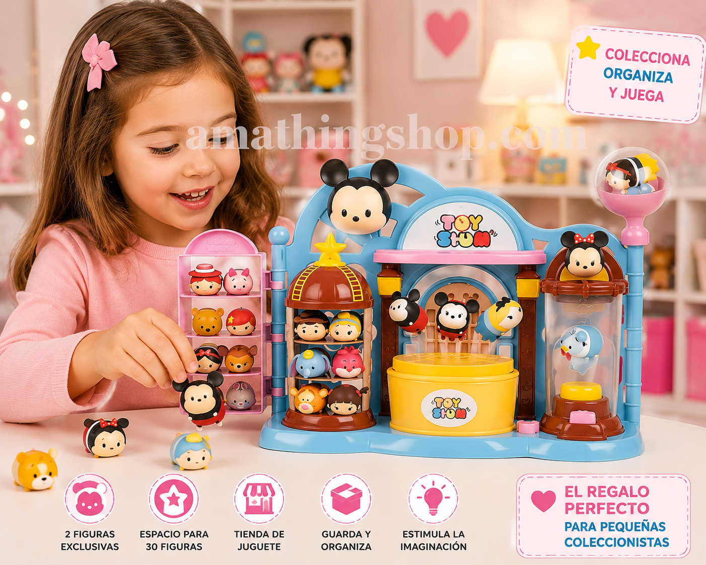 Niña jugando con juguete kawaii coleccionable tipo tienda con figuras adorables y almacenamiento