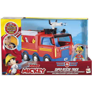 Camión de bomberos de Mickey en caja, con figura articulada, escalera móvil y manguera superior. Diseño rojo llamativo y detalles de rescate para juego infantil a partir de 3 años.