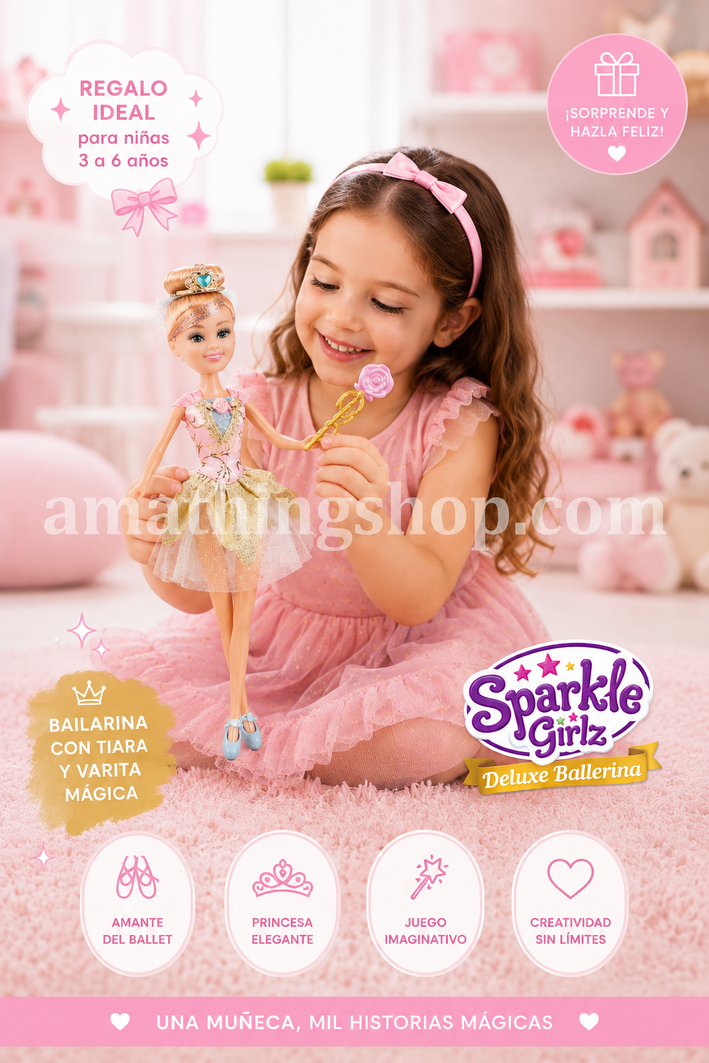 Niña jugando con muñeca bailarina Sparkle Girlz Deluxe con vestido rosa y accesorios mágicos en habitación infantil pastel