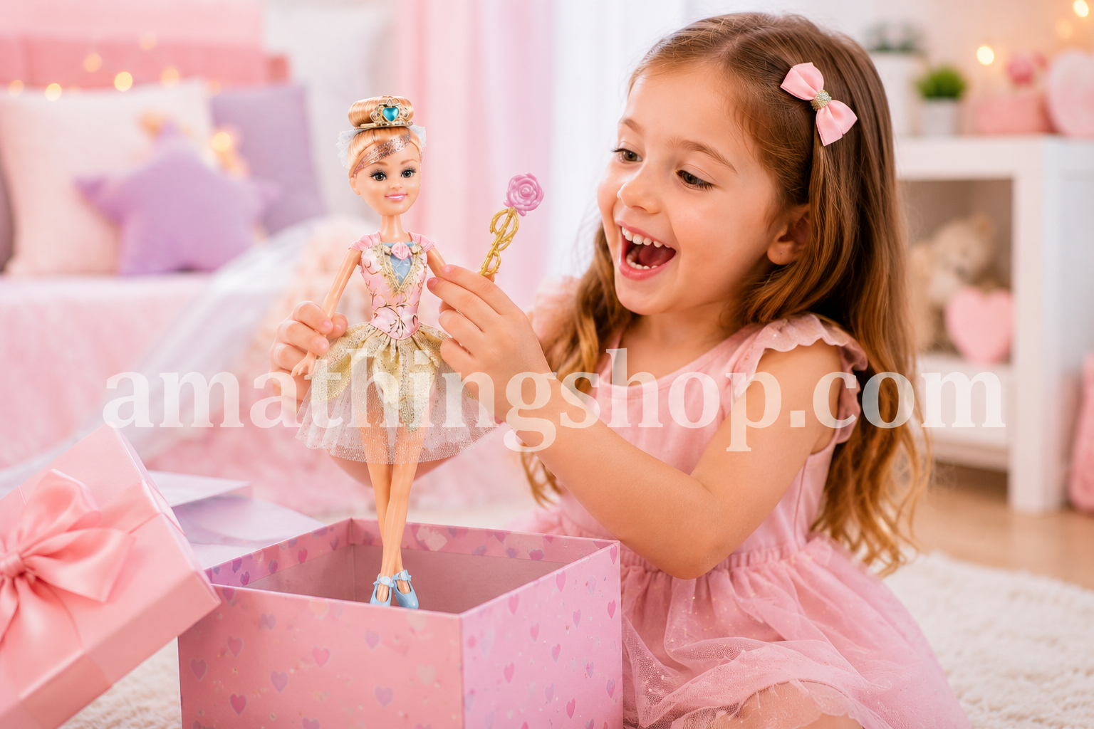 Niña feliz abriendo caja regalo rosa con muñeca Sparkle Girlz bailarina en habitación infantil pastel