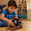 Niño jugando con Pinypon Action Balsa Pirata flotante en su habitación