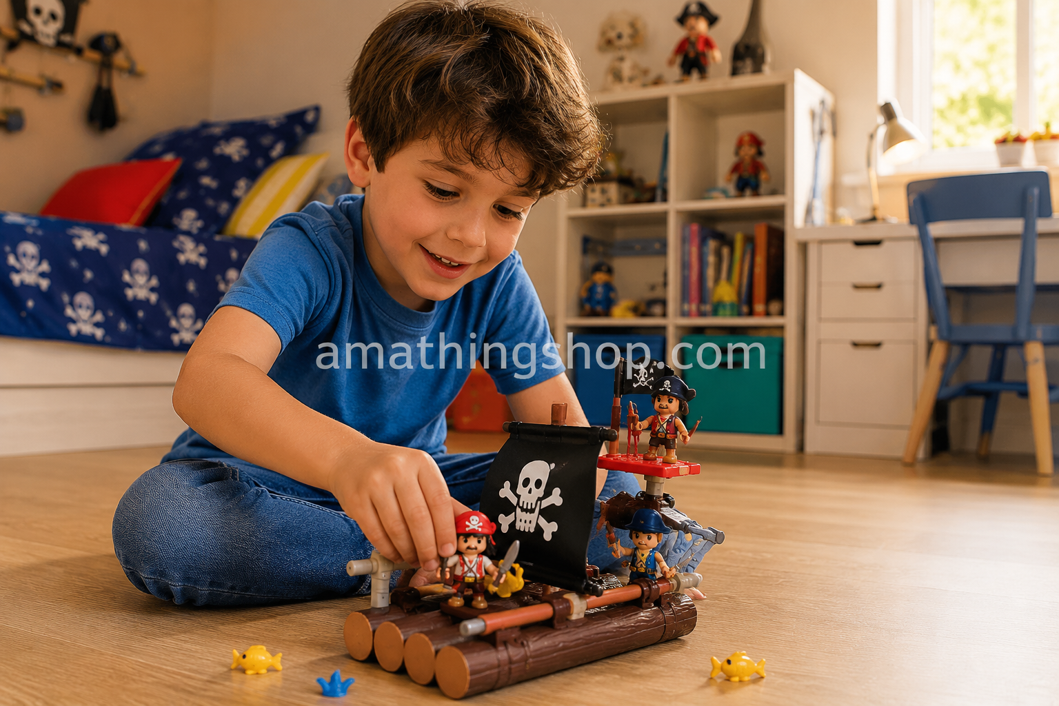 Niño jugando con Pinypon Action Balsa Pirata flotante en su habitación