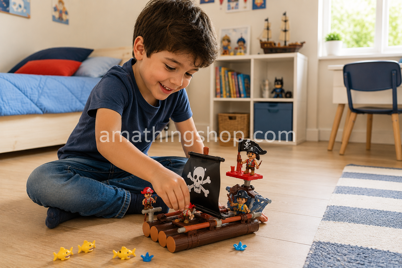 Niño jugando con Pinypon Action Balsa Pirata flotante con figura y accesorios
