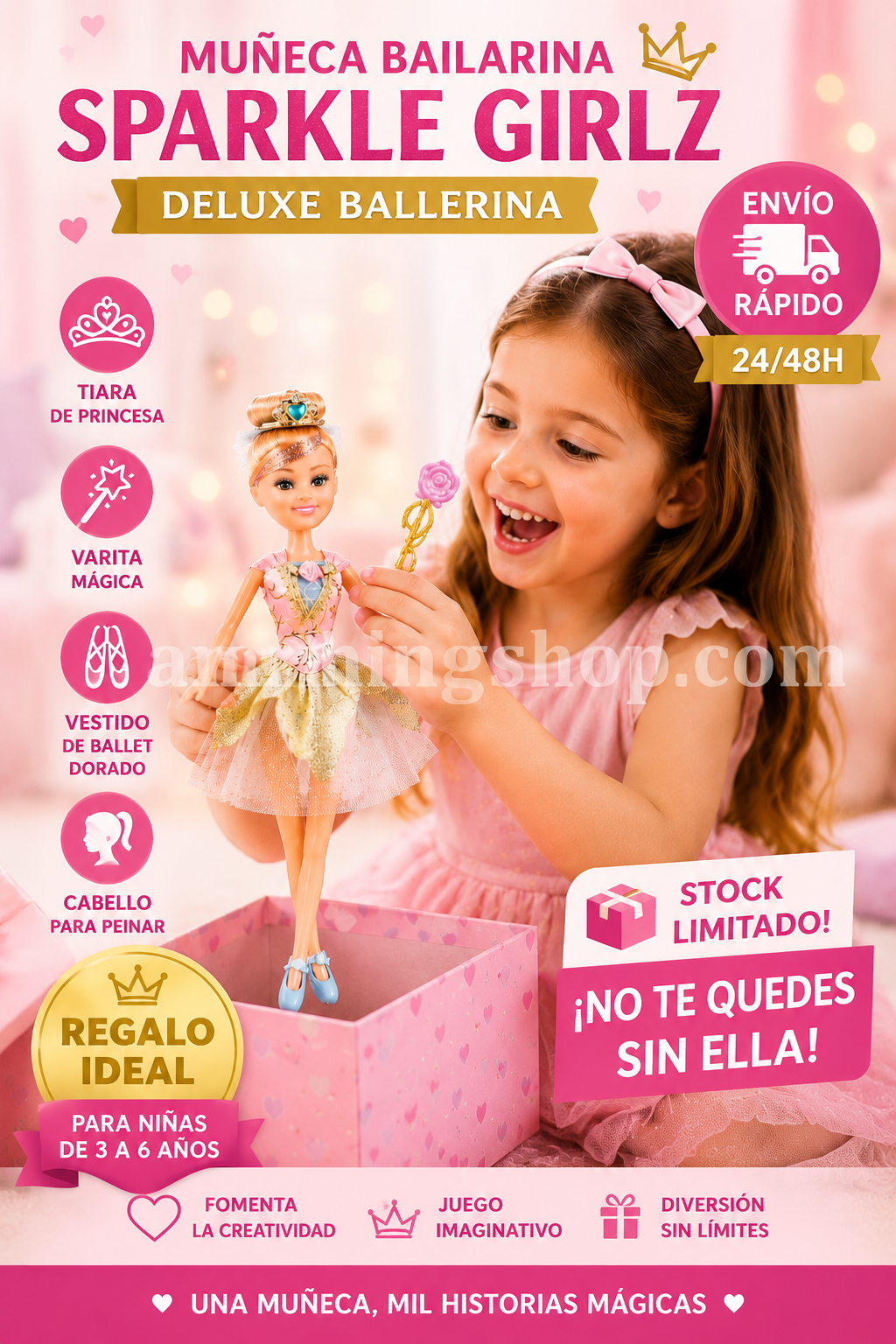 Póster Pinterest de muñeca Sparkle Girlz Deluxe Ballerina con niña jugando, stock limitado y envío rápido