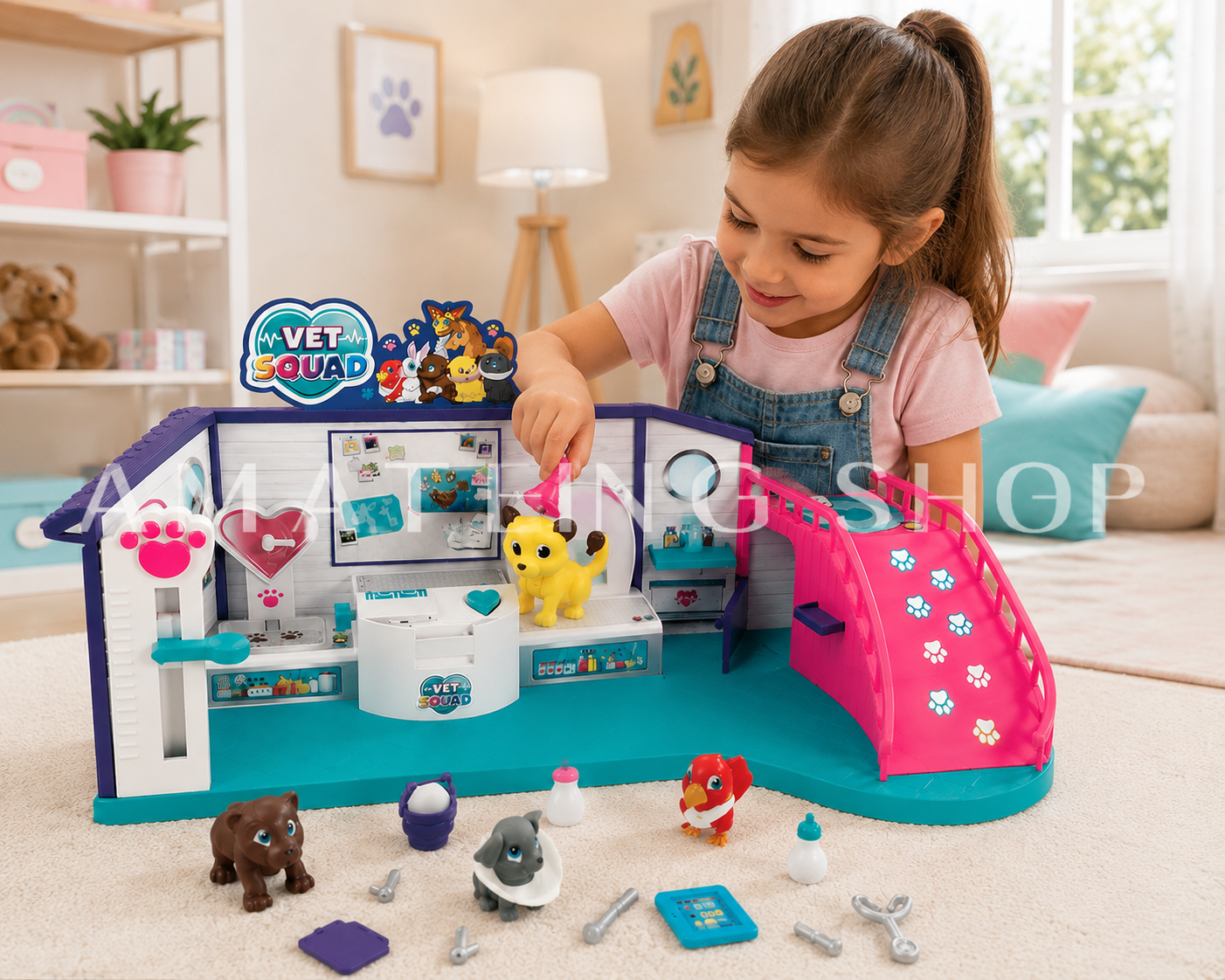 Niña jugando con Vet Squad clínica veterinaria de juguete con animales y accesorios