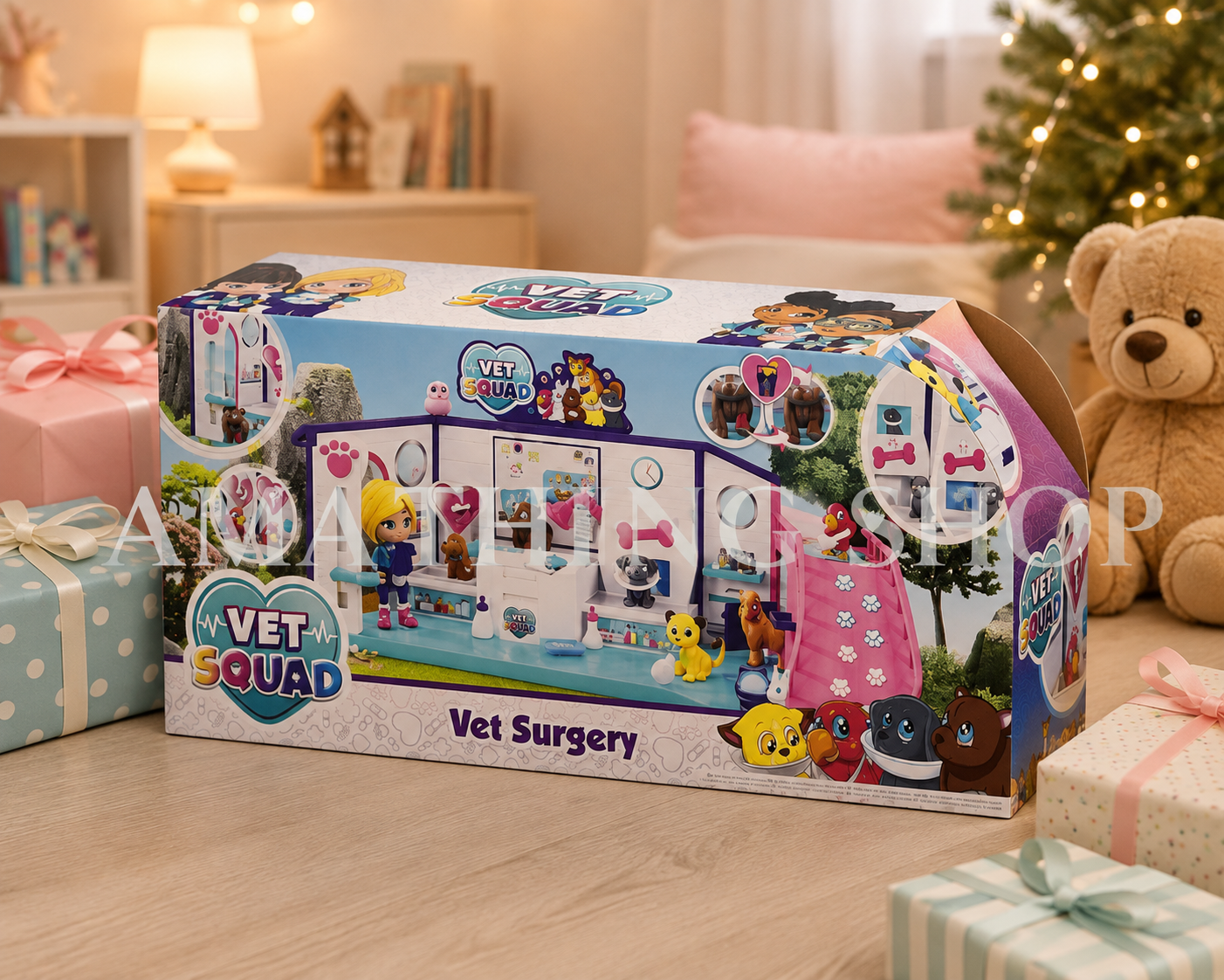 Vet Squad clínica veterinaria de juguete para niños con animales y accesorios presentada como regalo