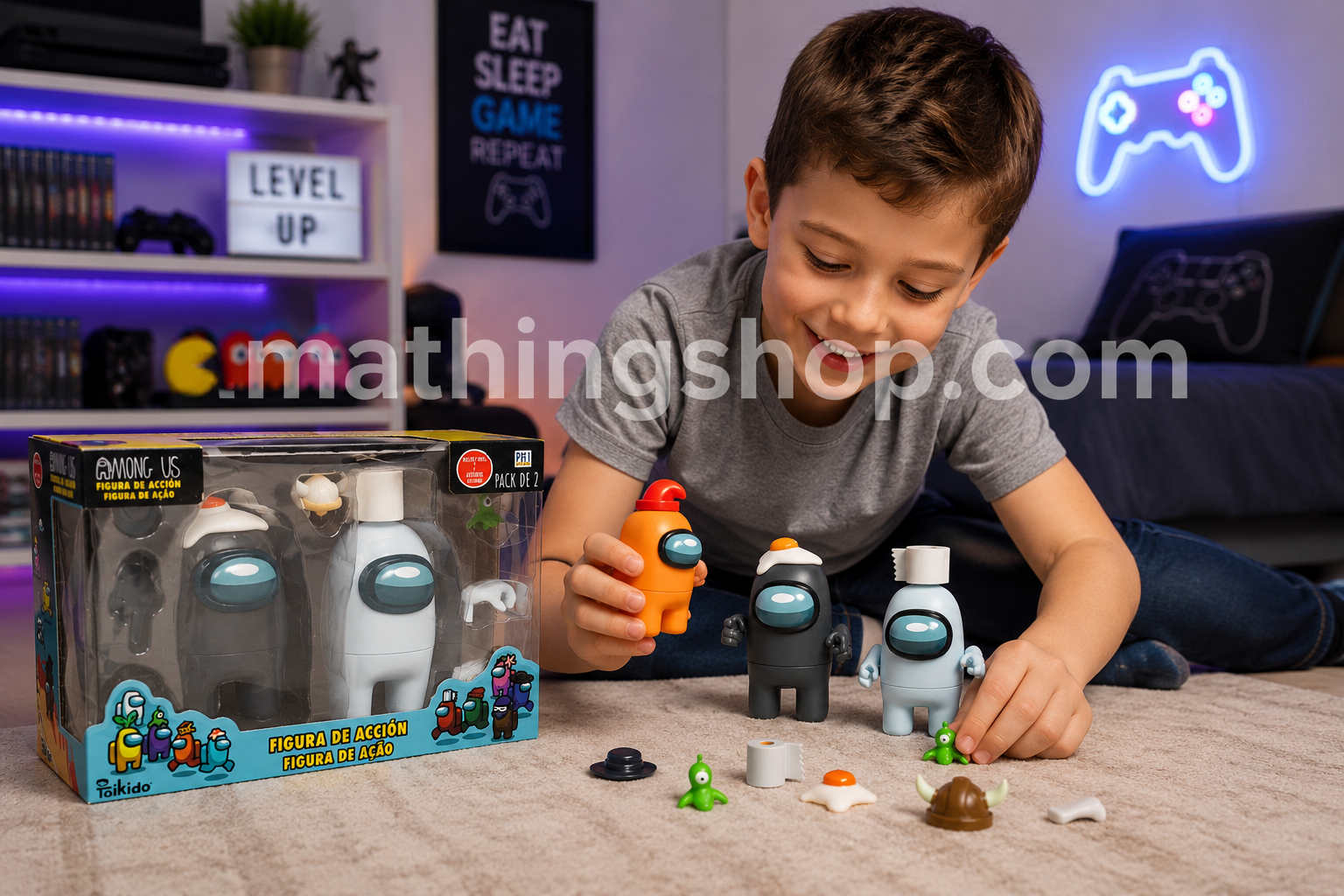 Niño jugando con el pack de 2 figuras de acción Among Us Bizak de 12 cm con accesorios sorpresa en una habitación gamer