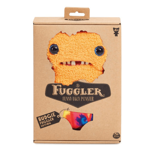 Fuggler McGoo Naranja de 23 cm con calzoncillos tie-dye multicolor y dientes humanos, en su caja original.