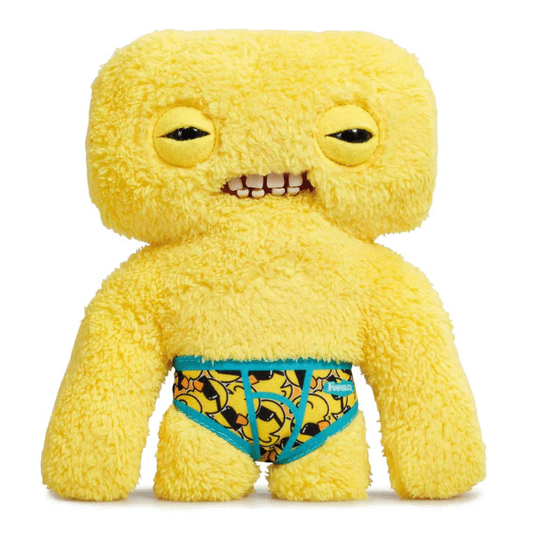 Peluche Fuggler Squidge amarillo de 22 cm con calzoncillos de patitos y dientes humanos en caja original.
