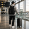 Mochila grande Vans negra premium en aeropuerto moderno con estilo commuter y viaje urbano