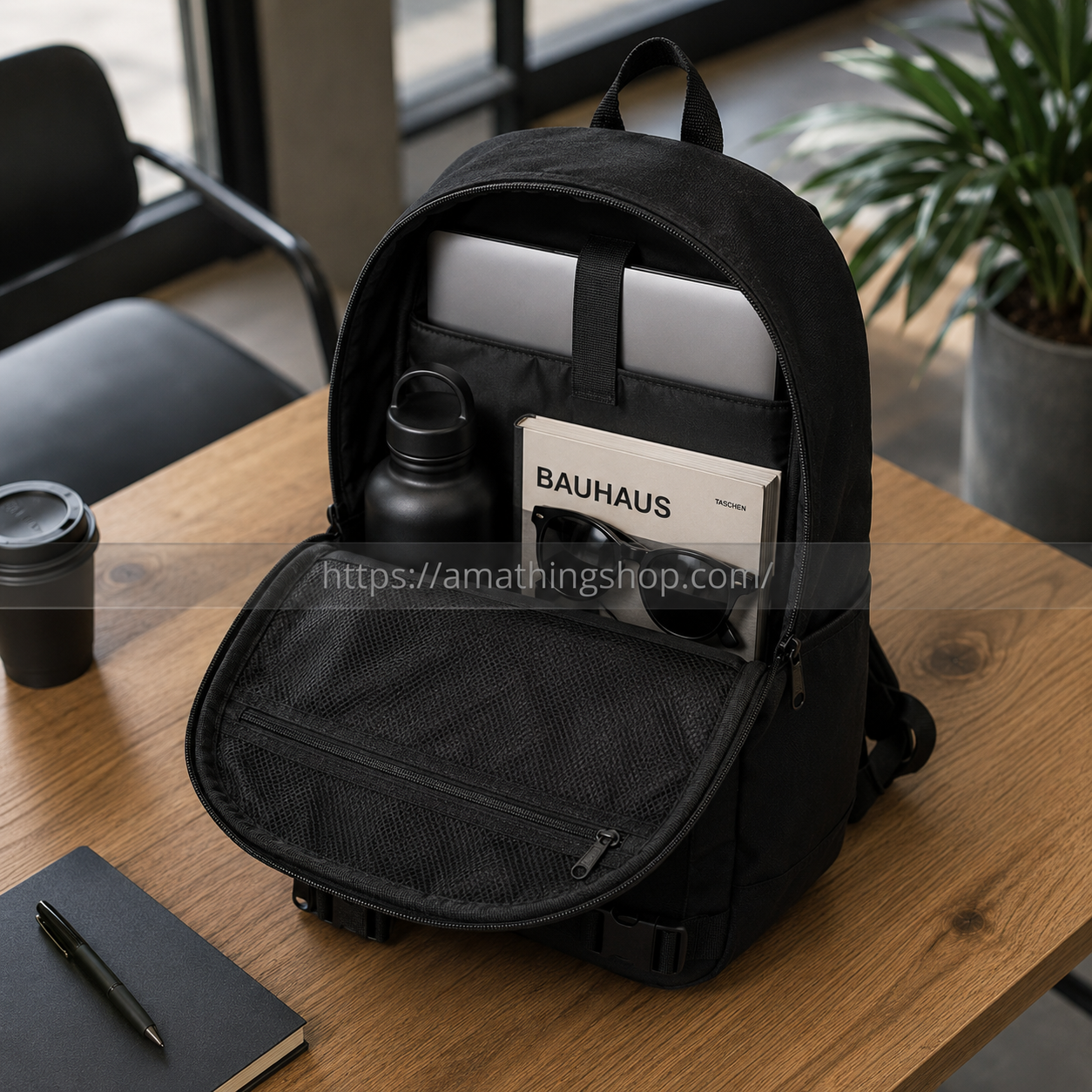 Mochila portátil Vans negra abierta con portátil botella gafas y libro en escritorio moderno premium