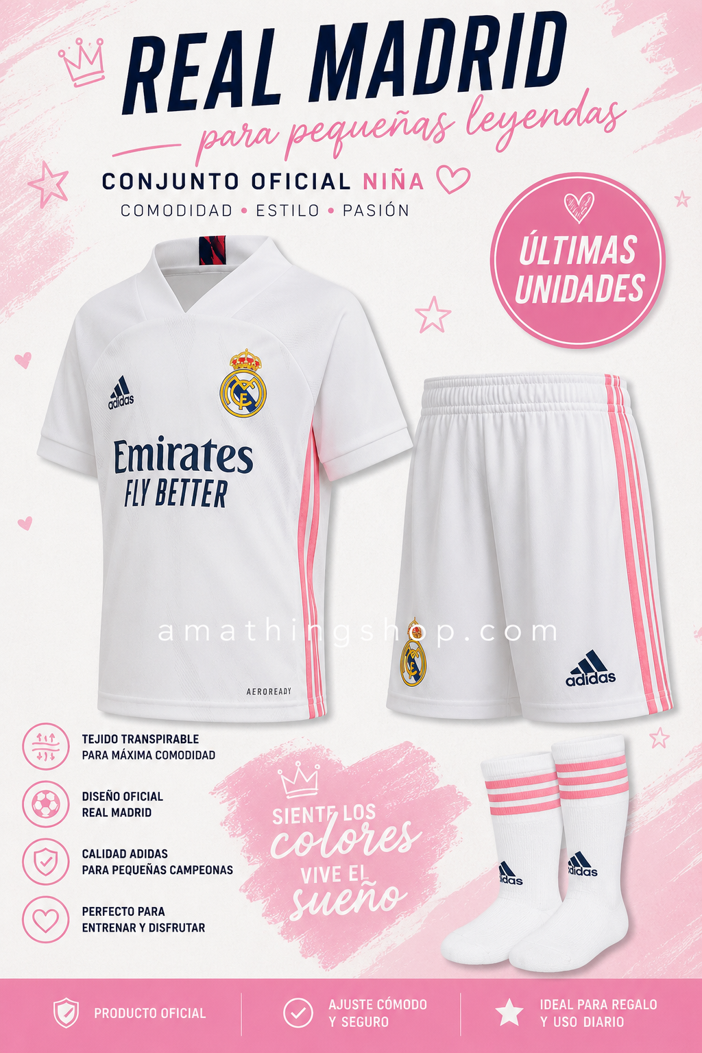 Poster conjunto Real Madrid niña Adidas blanco rosa con camiseta pantalon y medias oficiales infantiles