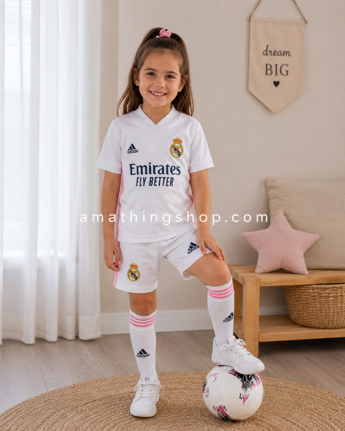 Niña usando conjunto Real Madrid Adidas blanco rosa FQ7487 oficial infantil con camiseta pantalón y medias