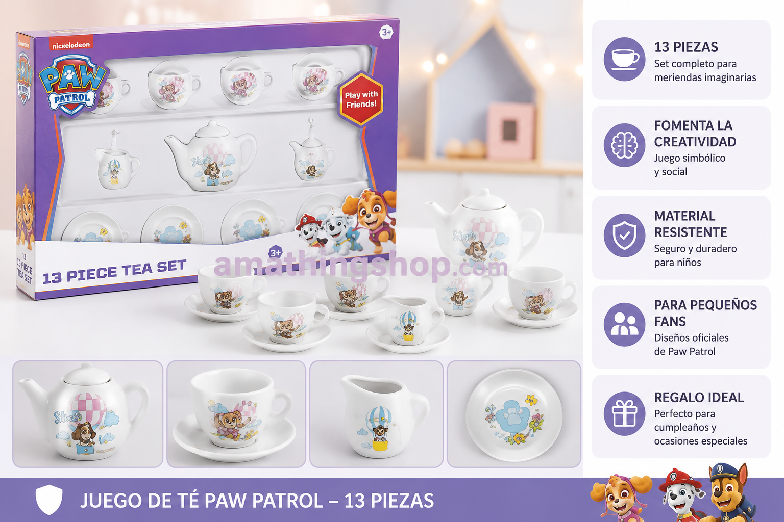 Juego de té Paw Patrol de 13 piezas para niños, con caja original, tetera, tazas, platillos, jarra y azucarero, presentado como regalo infantil para juego simbólico y meriendas imaginarias.