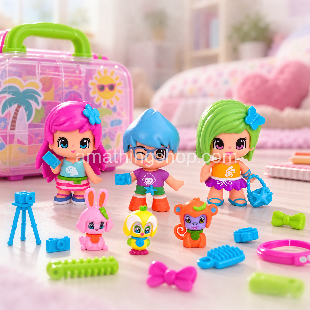Pinypon Mix Match 32022 con tres muñecas de pelo rosa, azul y verde, mascotas y accesorios de juego.