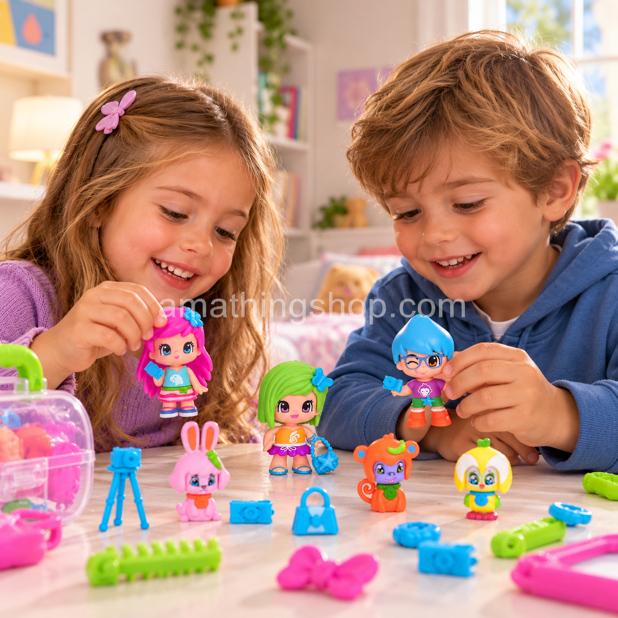 Niña y niño jugando juntos con muñecas Pinypon Mix Match de Famosa, mascotas y pequeños accesorios.