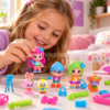 Niña jugando con muñecas Pinypon Mix Match de Famosa, tres personajes pequeños, mascotas y accesorios.
