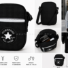 Catálogo bandolera Converse negra crossbody lifestyle urbano Collage catálogo de bandolera Converse negra crossbody con detalles, medidas y uso lifestyle urbano.