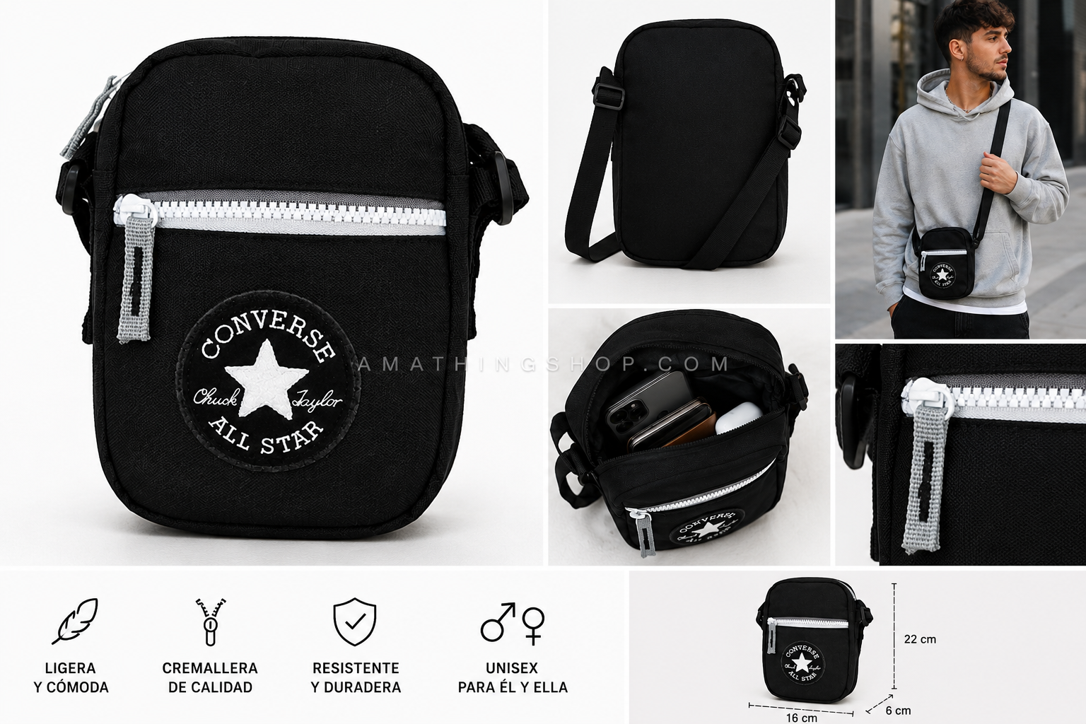 Catálogo bandolera Converse negra crossbody lifestyle urbano Collage catálogo de bandolera Converse negra crossbody con detalles, medidas y uso lifestyle urbano.