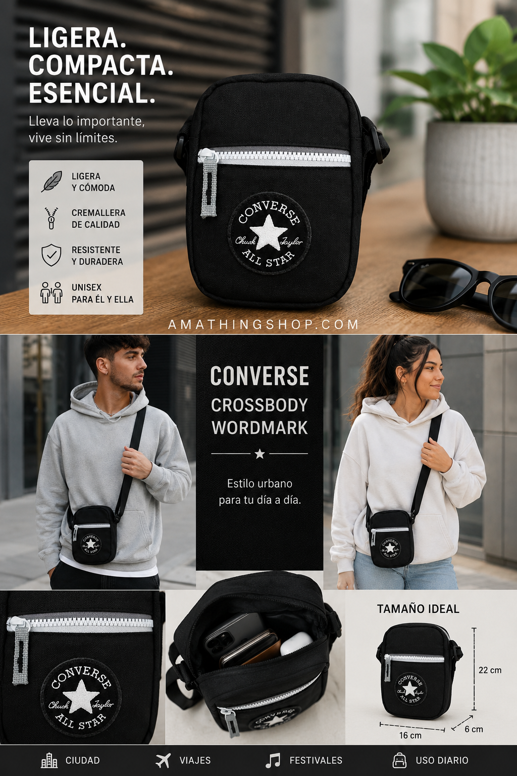 Poster bandolera Converse negra crossbody lifestyle urbano Póster collage lifestyle de bandolera Converse negra crossbody con hombre y mujer en ambiente urbano.