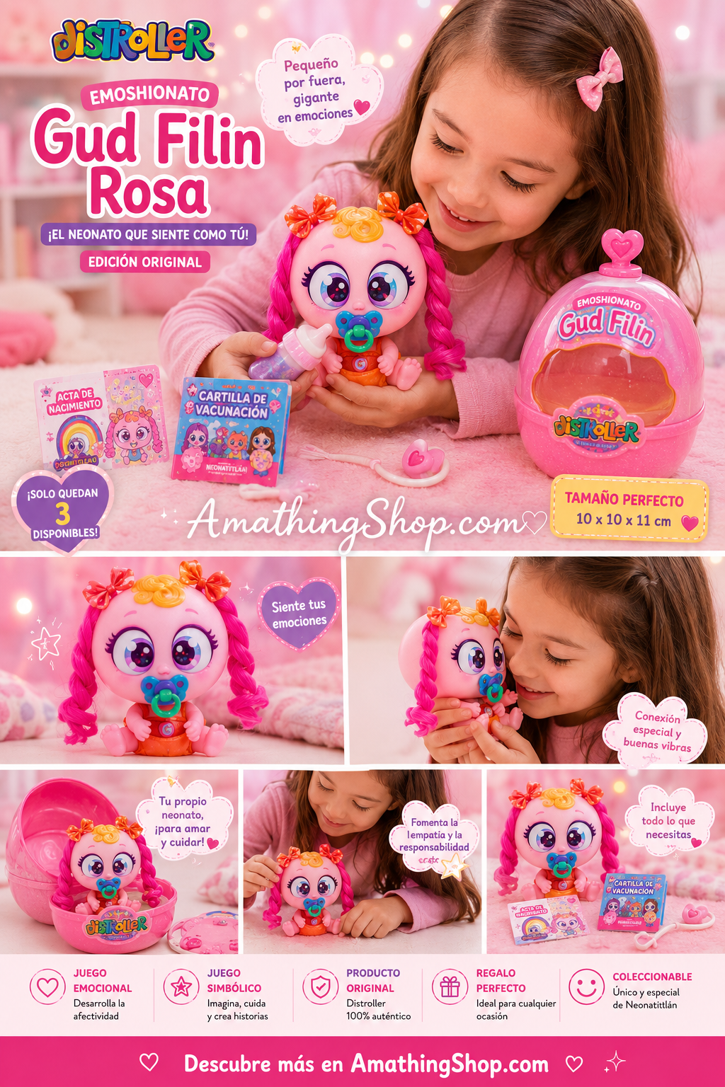 Collage lifestyle estilo Pinterest del Distroller Emoshionato Gud Filin Rosa con niña jugando, escenas emocionales y decoración infantil pastel para ecommerce y regalos infantiles.