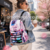Mujer caminando por la ciudad con mochila Desigual Neo Tropic Helsinki multicolor grande para portátil y uso diario