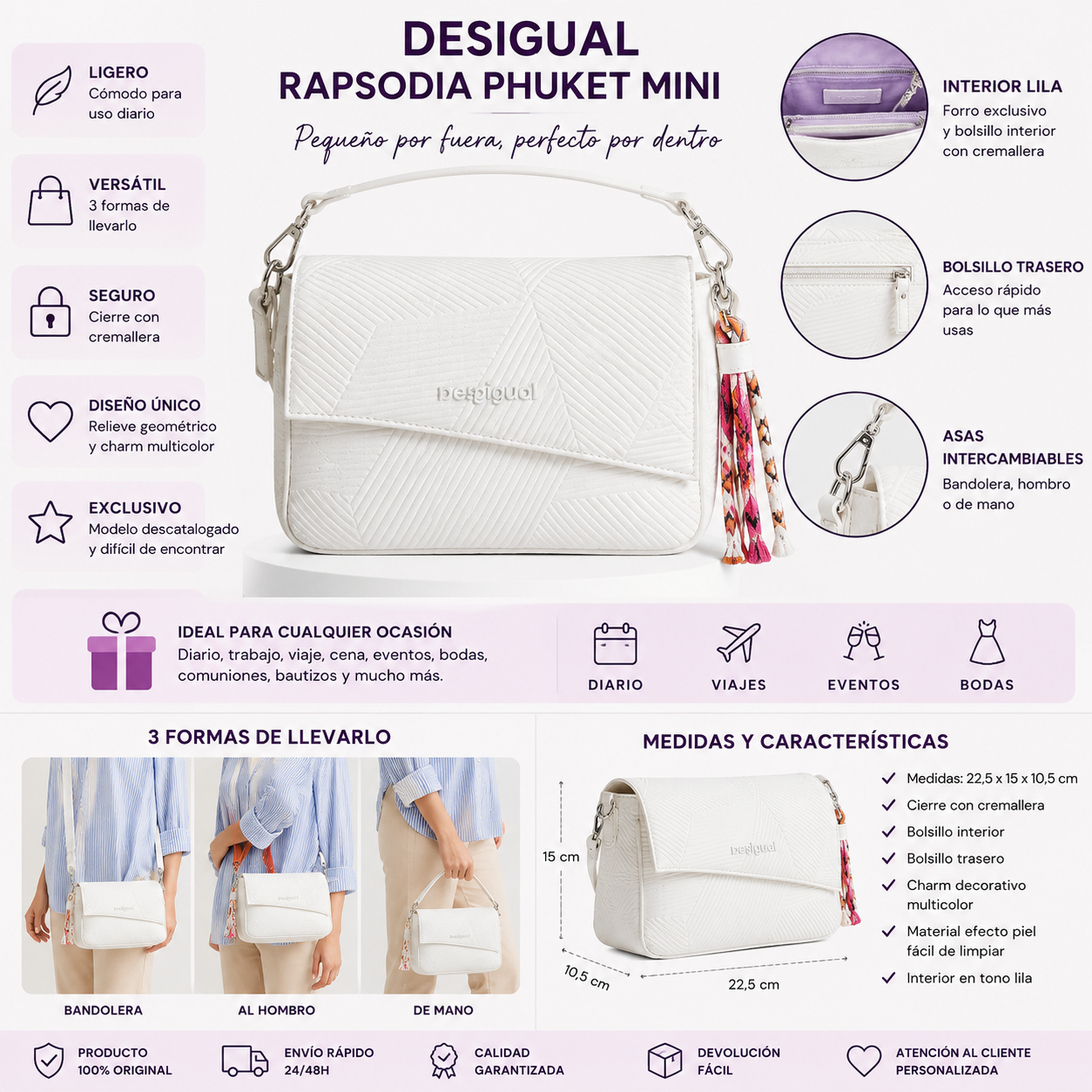 Características del bolso Desigual Rapsodia Phuket Mini blanco original para mujer con medidas, formas de uso y detalles