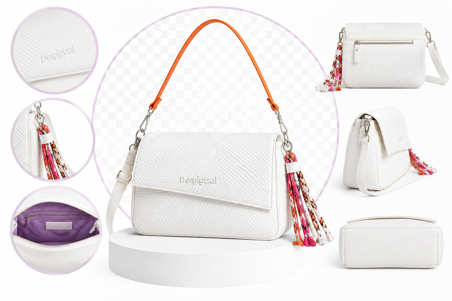 Bolso Desigual Rapsodia Phuket Mini blanco original para mujer con vistas frontal, lateral, trasera, inferior e interior