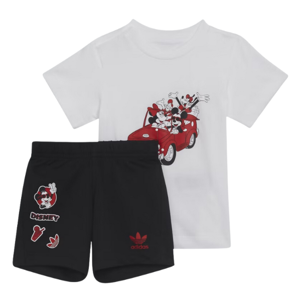 Conjunto Adidas Disney Mickey HF7538 para bebé y niño con camiseta blanca de manga corta y shorts negros con gráficos de Mickey Mouse y sus amigos.