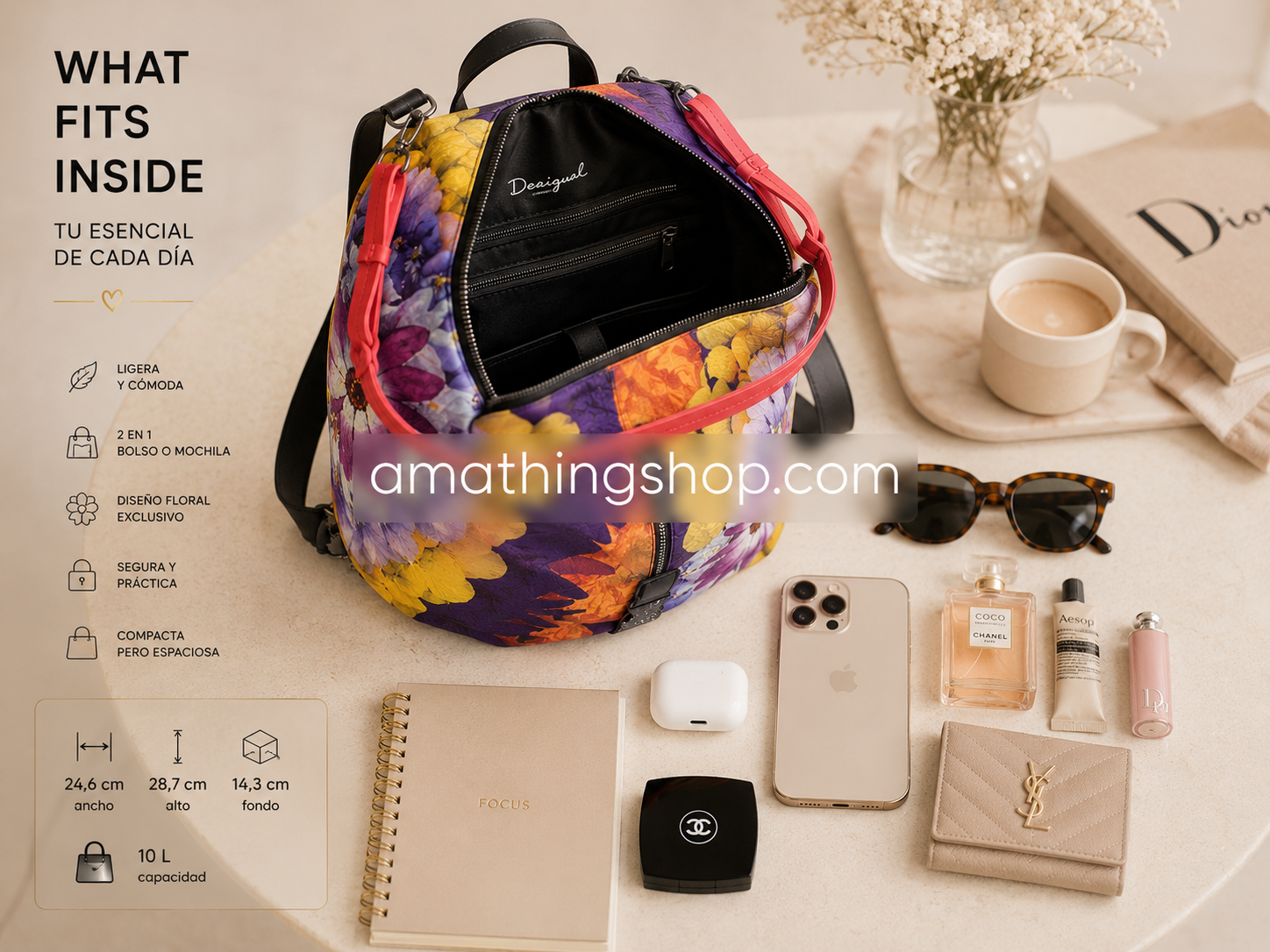 Interior organizado de mochila mini floral Desigual para mujer con móvil, gafas, maquillaje y accesorios diarios