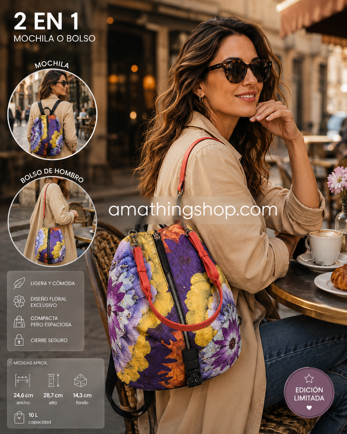 Mujer elegante usando mochila mini floral Desigual convertible en bolso de hombro en cafetería urbana moderna