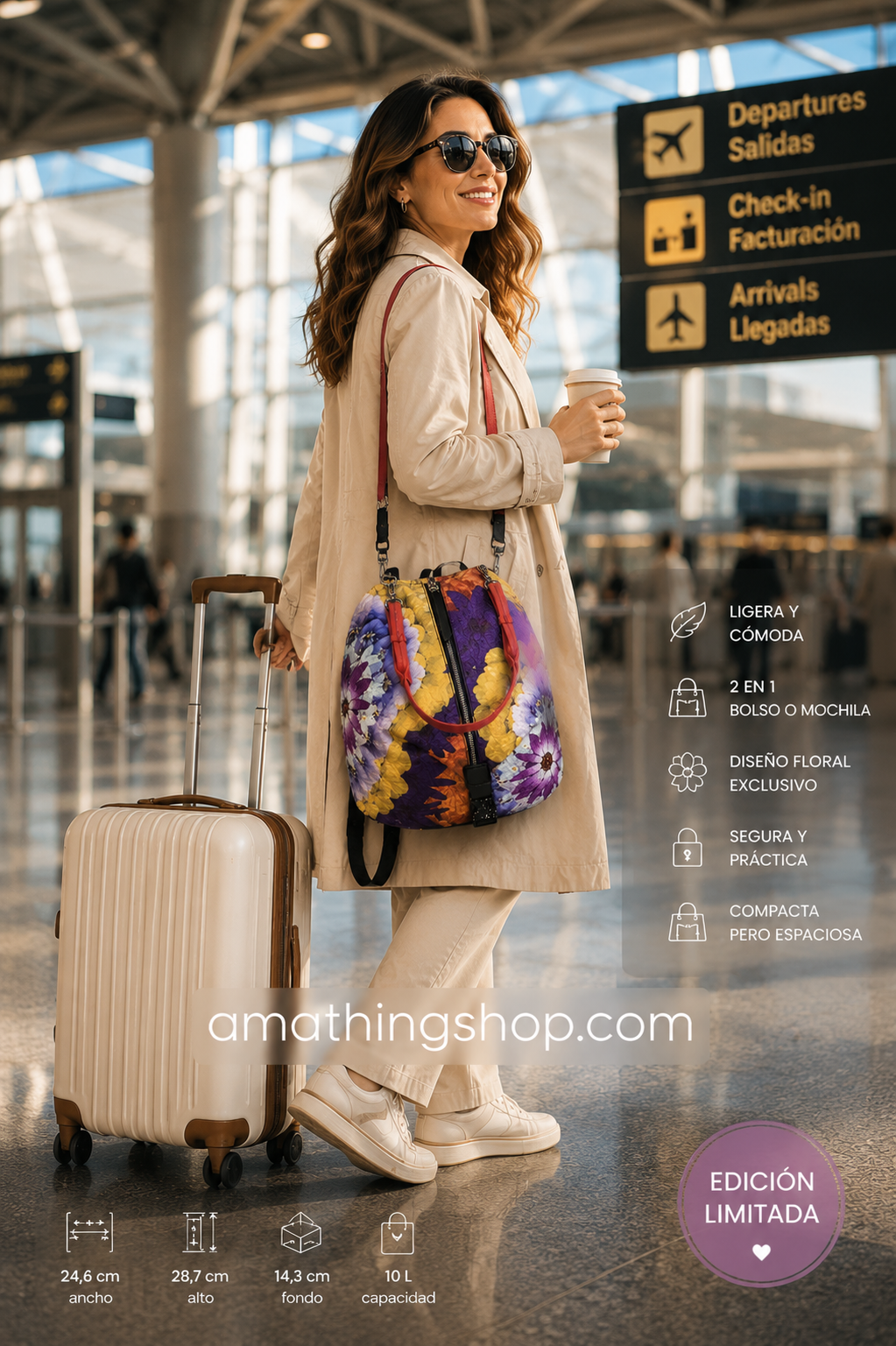 Mujer elegante viajando en aeropuerto con mochila mini floral Desigual convertible en bolso de hombro