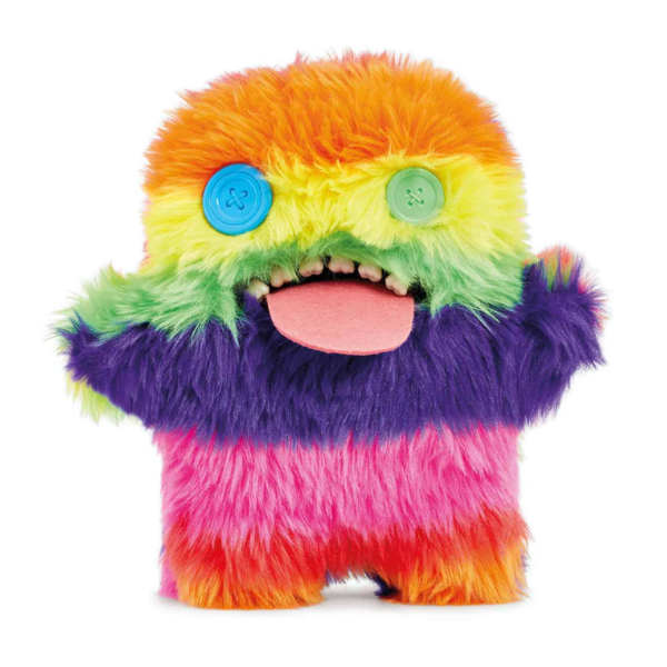 Peluche Fuggler Oogah Boogah multicolor con lengua fuera y ojos de botón en su caja original.