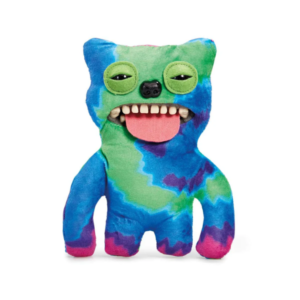 Peluche Fuggler Sir Belch con patrón tie dye multicolor, lengua rosa y dientes humanos en su caja original.