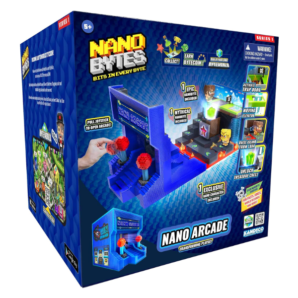 logos (8) Mini arcade NanoBytes con diseño de recreativa retro en color azul, con figura exclusiva incluida y formato compacto ideal para jugar o coleccionar.