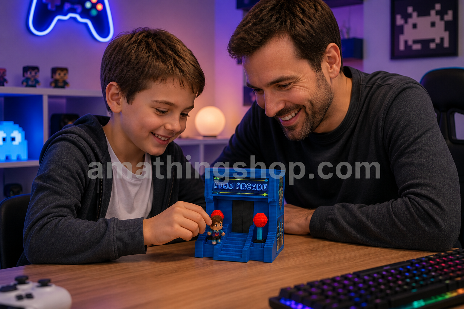 Padre e hijo jugando con Nano Arcade NanoBytes KA8012 mini máquina recreativa retro con figura exclusiva sobre un escritorio gamer