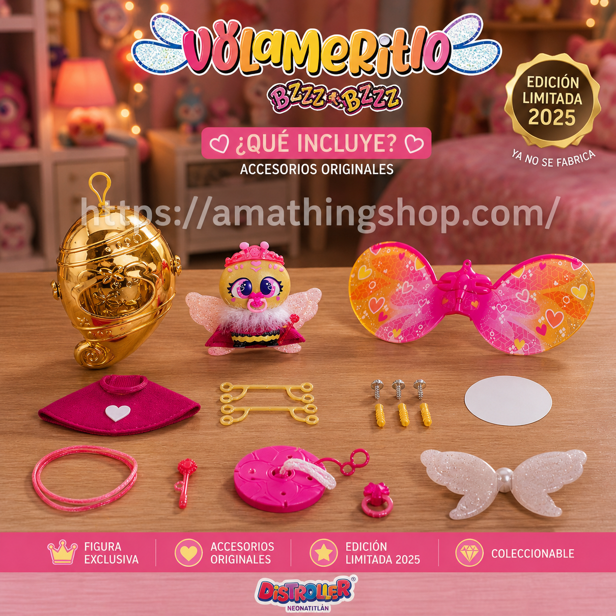 Volamerito Distroller Abeja Reina Dorado 2025 qué incluye accesorios originales que incluye volamerito distroller abeja reina dorado 2025 accesorios originales figura 15 cm con capullo alas y complementos