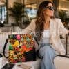 Mujer con bolso bandolera Desigual Mika Butan Floral multicolor junto a una maleta en un entorno de viaje. Bolso shopper grande para mujer ideal para vacaciones, aeropuerto y uso diario.