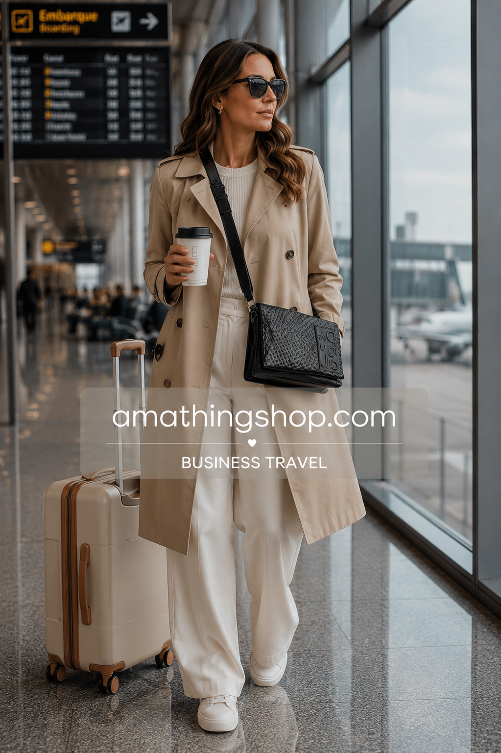 Mujer elegante viajando en aeropuerto con bolso bandolera negro Desigual estilo quiet luxury
