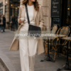 Mujer elegante caminando por ciudad europea con bolso bandolera negro Desigual estilo casual chic