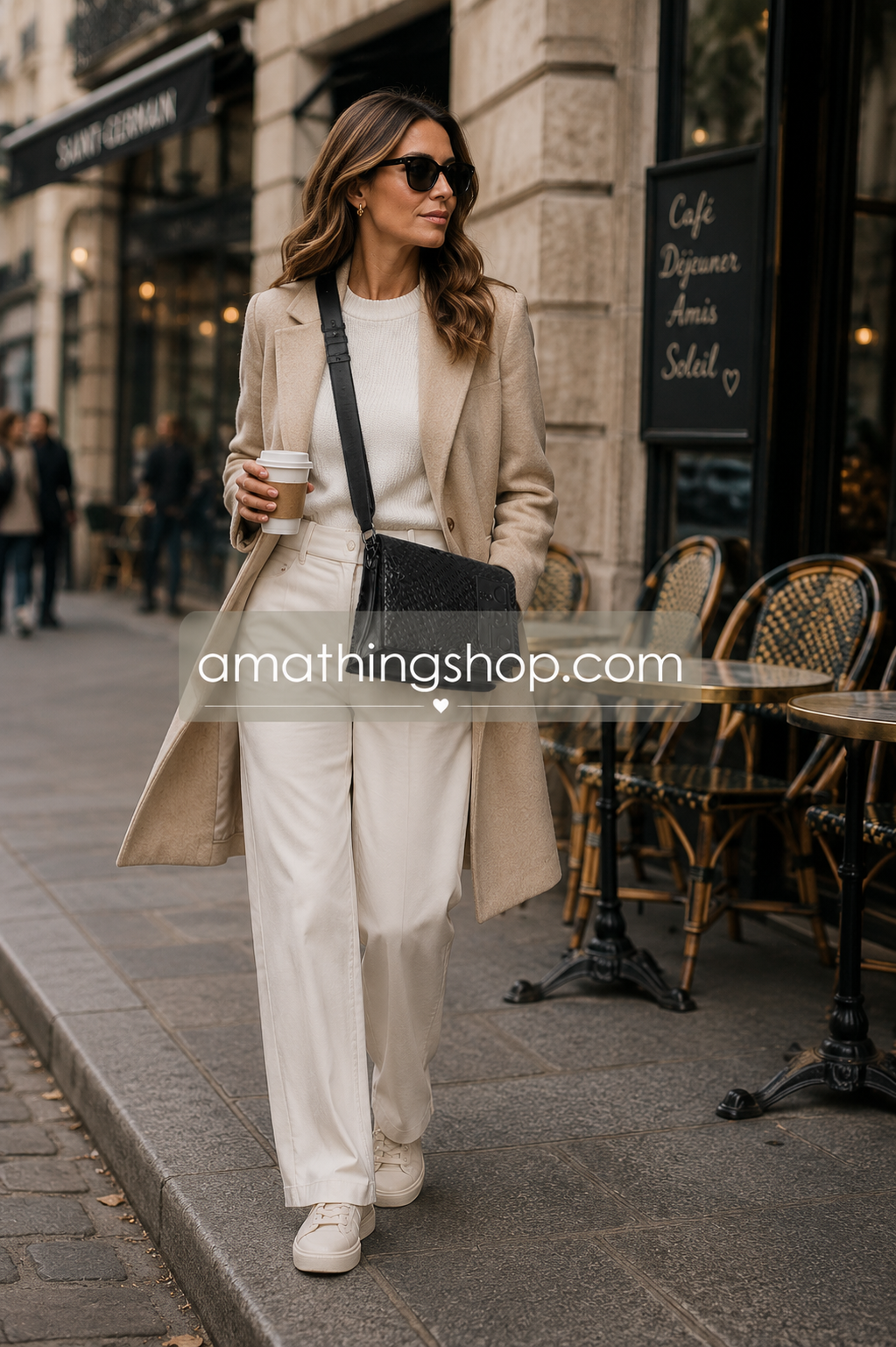 Mujer elegante caminando por ciudad europea con bolso bandolera negro Desigual estilo casual chic