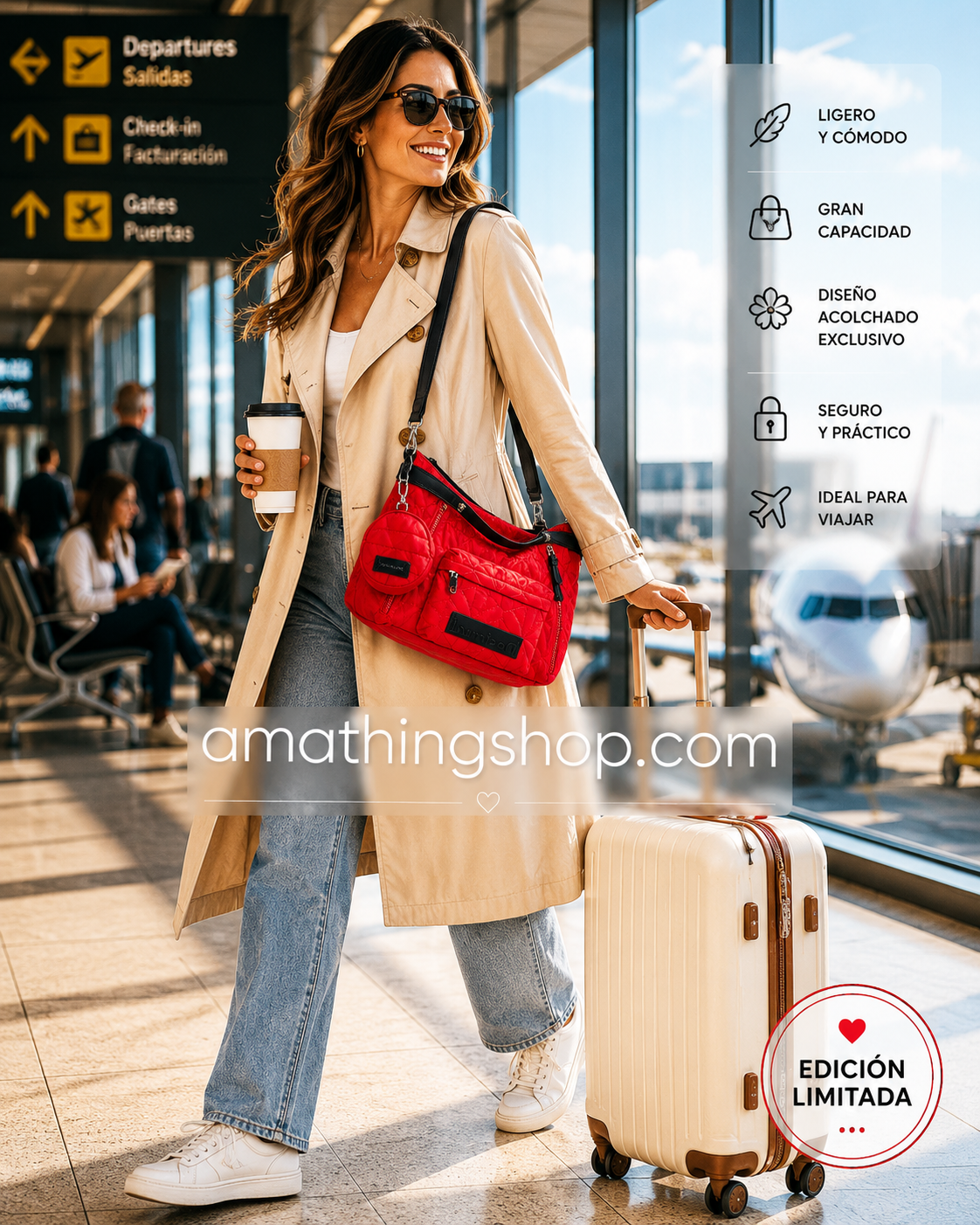 Bolso Desigual Rojo Edición Limitada Mujer Viaje Premium Mujer moderna en aeropuerto con bolso rojo acolchado Desigual edición limitada para viaje y uso diario
